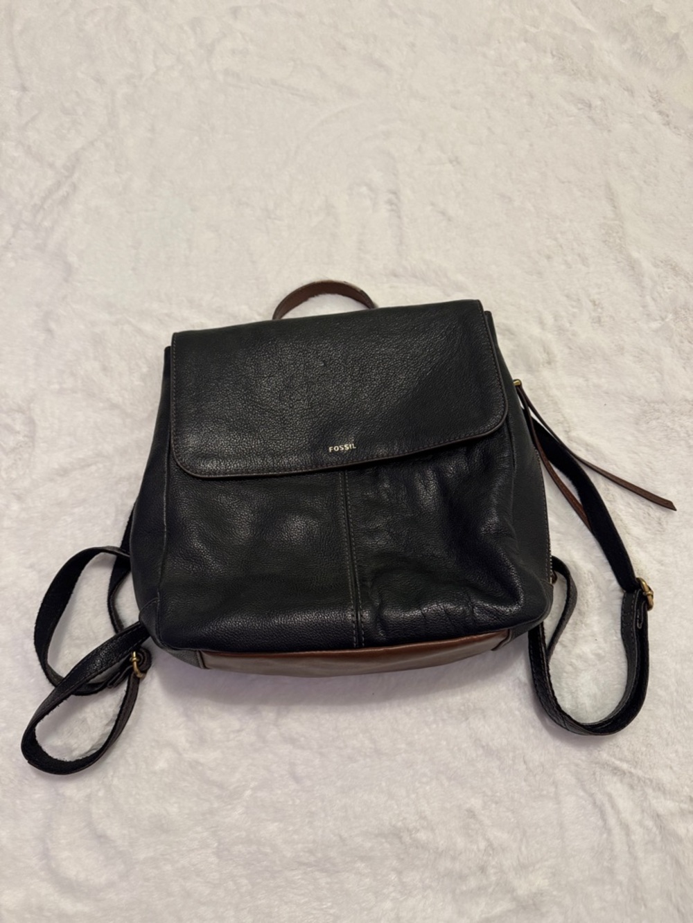 Fossil Black Leather Backpack with Brown Base and Trim